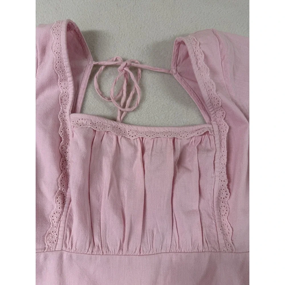 Hollister‎ Dress XL Milkmaid Puff Sleeve Smocked Short Eyelet Lace Y2K NWT Pink